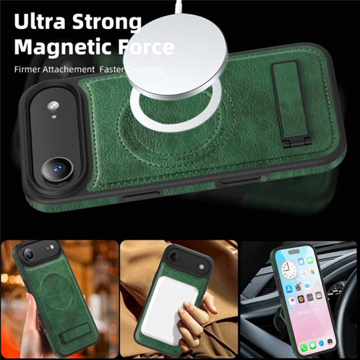 A-One Brand - iPhone Air Mobilskal MagSafe Kickstand Läder - Svartgrön