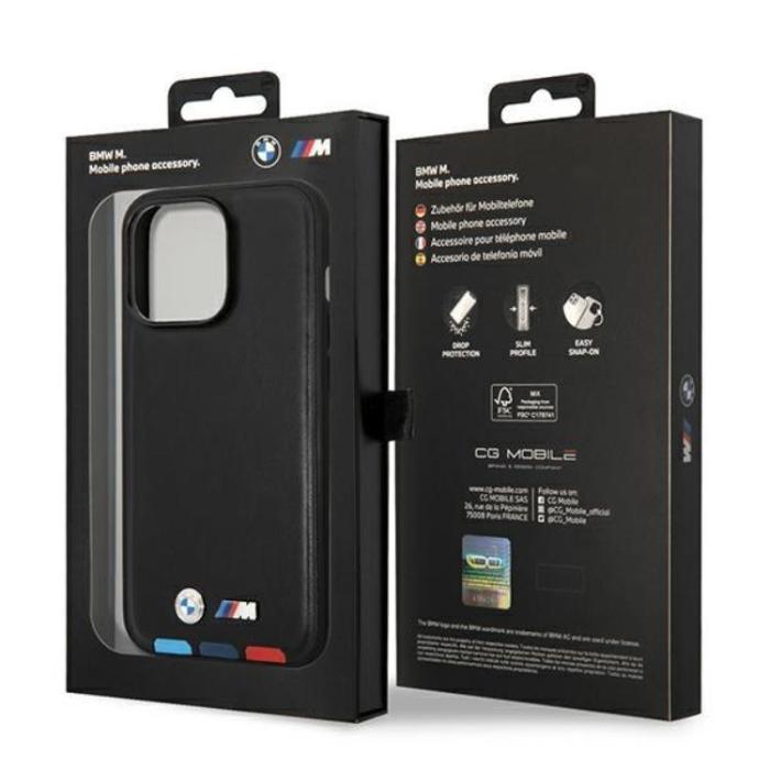 BMW - BMW iPhone 14 Pro Max Skal Magsafe Läder Stamp Tricolor - Svart