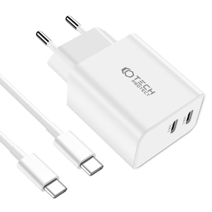 Tech-Protect - Tech-Protect 2-Port Nätverk Laddare Med USB-C Kabel - Vit