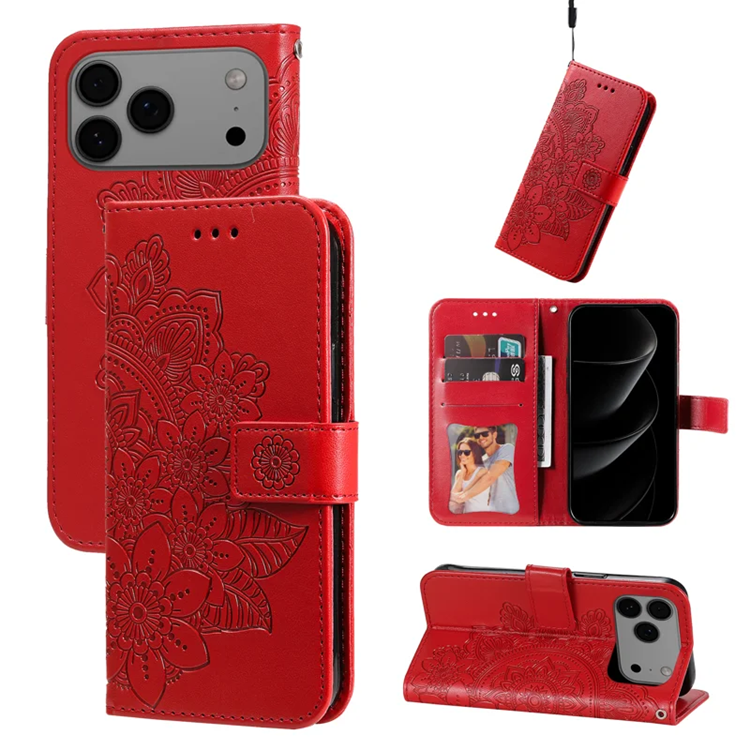 iPhone 17 Pro Max Konstläder Plånboksfodral Floral Pattern - Röd | 2353 | AlltMobil