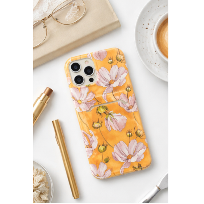 OEM - iPhone 13 Skal med Kortfack - Gul Flowers