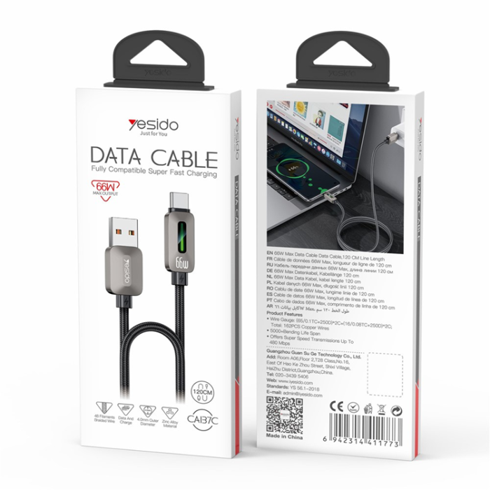 Yesido - YESIDO USB-A - USB-C 66W Kabel 1.2m CarPlay - Grå