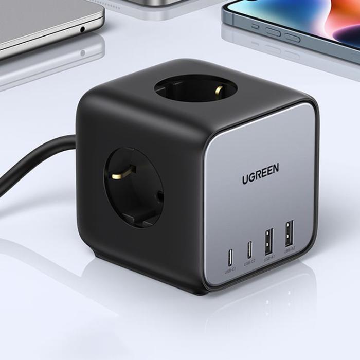 UTGATT1 - Ugreen Cube Väggladdare 65W USB/USB-C/3x AC Strip - Svart