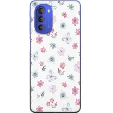 Gustaf - Mobilskal till Motorola Moto G51 5G med Blommor och fj&auml;rillar