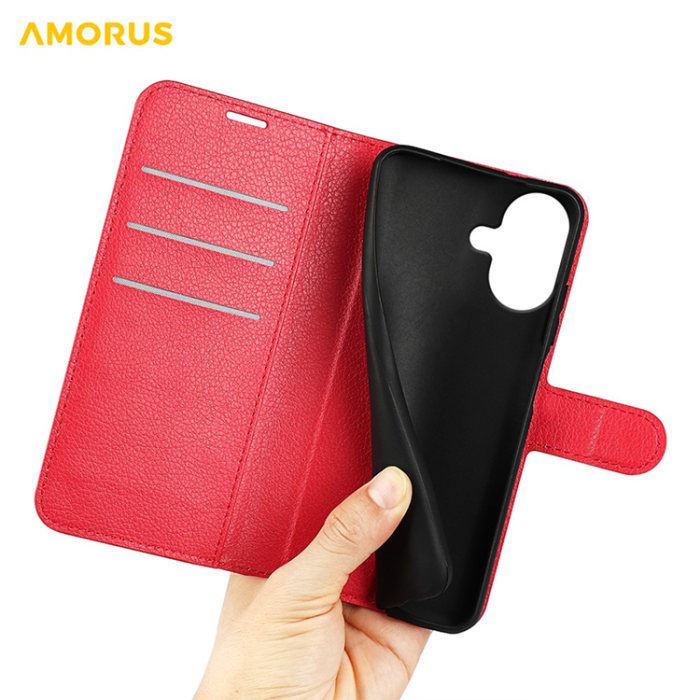 Amorus - AMORUS iPhone 17 Plånboksfodral Flipstativ Litchi - Röd