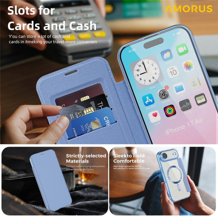 Amorus - AMORUS iPhone Air Plånboksfodral MagSafe RFID - Blå