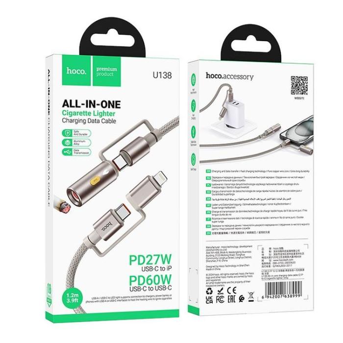 Hoco - Hoco USB-C/Lightning Till USB-C, Cigarettändare 60W 3A Kabel 1.2m U138 - Grå