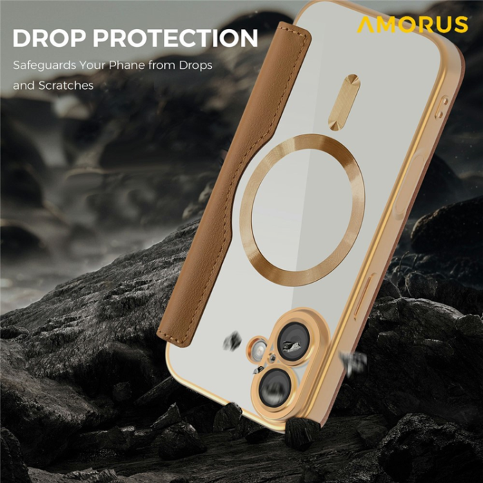 Amorus - AMORUS iPhone 17 Plånboksfodral MagSafe RFID Blocking - Brun