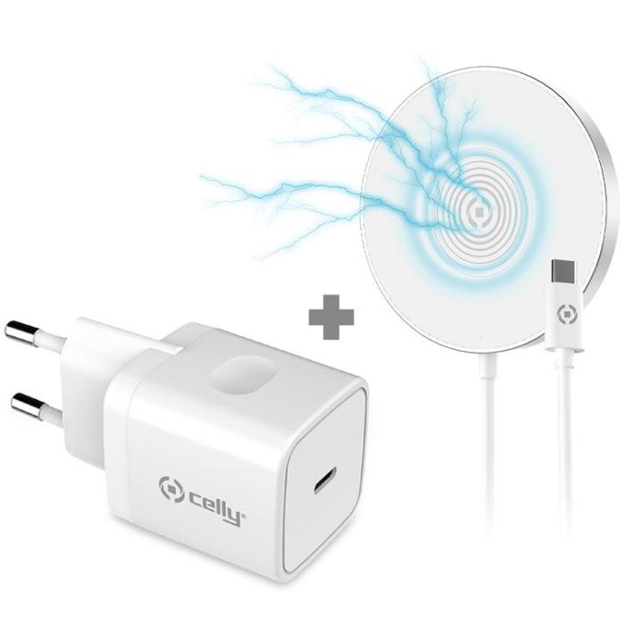 Celly - Celly Magnetisk Trådlos Laddare + Väggladdare MagChargeKit