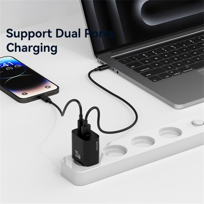 USAMS - USAMS GaN Snabbladdare USB-C - USB-A 33W CC317 T65 EU - Vit