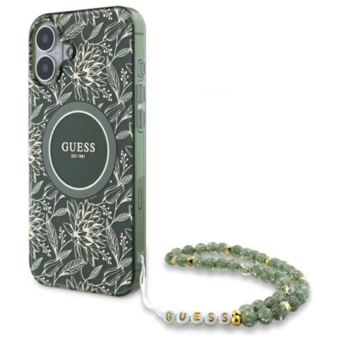 Guess - Guess iPhone 16 Plus Mobilskal MagSafe IML Flowers Med Strap - Grön