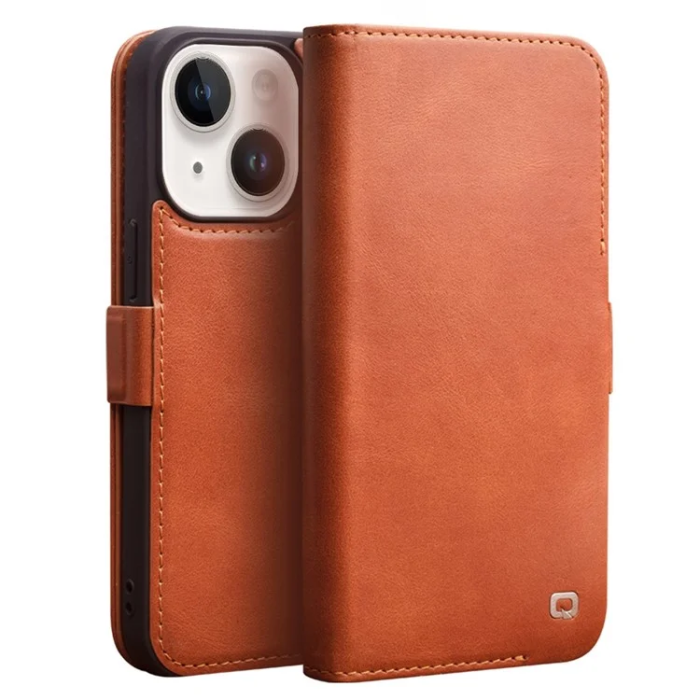 QIALINO - Qialino iPhone 14 Plånboksfodral Äkta Läder Magnetic - Brun