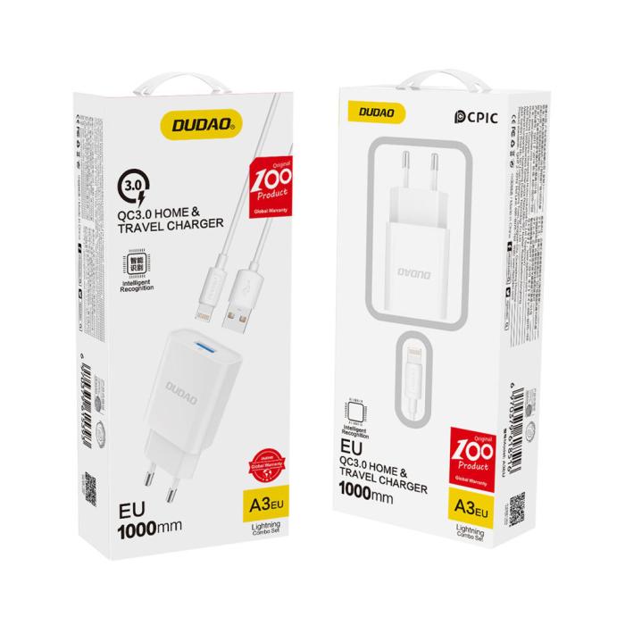 UTGATT - Dudao USB Väggladdare QC3.0 12W , Lightning Kabel 1m - Vit