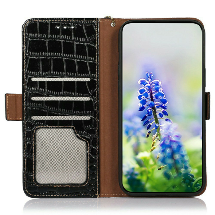 A-One Brand - iPhone 17 Pro Plånboksfodral Äkta Läder Crocodile - Svart
