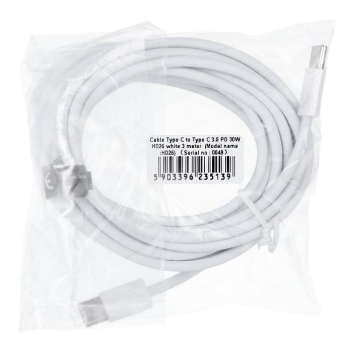 OEM - USB-C till USB-C kabel 3m 30W HD26- Vit