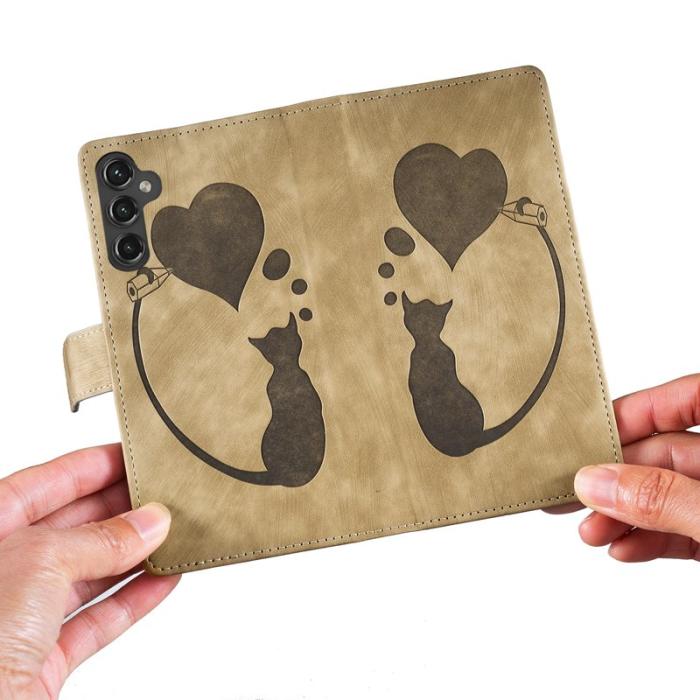 OEM - Mobilskal till Samsung Galaxy A55 5G KonstLäder Heart Cat - Ljusbrun