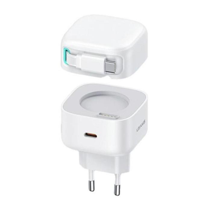 USAMS - USAMS Väggladdare 1xUSB-C med utdragbar USB-C kabel PD+QC 35W GaN – Vit