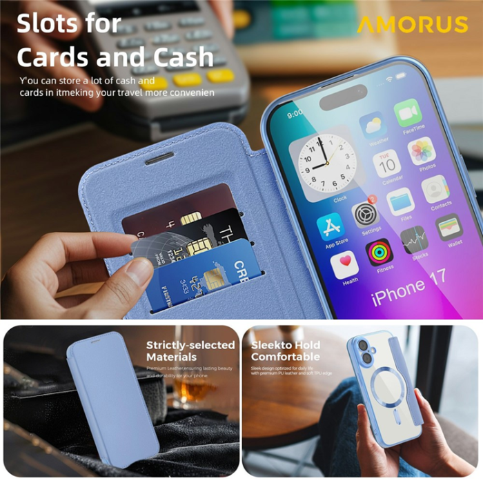 Amorus - AMORUS iPhone 17 Plånboksfodral MagSafe RFID Blocking - Blå
