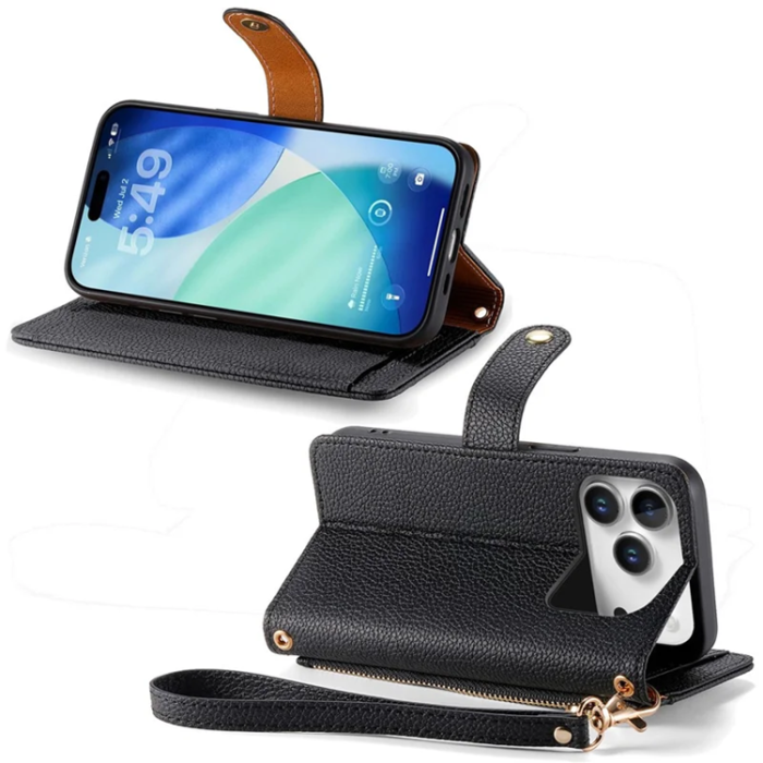 A-One Brand - iPhone 17 Pro Max Plånboksfodral RFID Zipper med rem - Svart