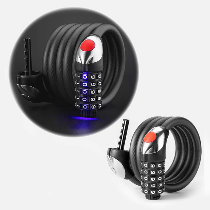 Rockbros - Rockbros Cykellås med 5-siffrig kod Stålvajer 120 cm med LED-belysning - Svart