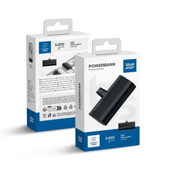 Blue Star - Blue Star Powerbank 5000 mAh 2.1A med inbyggd USB-C-kontakt - Svart