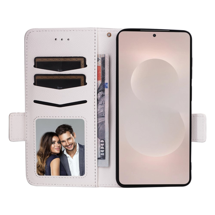 A-One Brand - Galaxy S26 Edge Plånboksfodral Litchi Läder med Rem - Vit