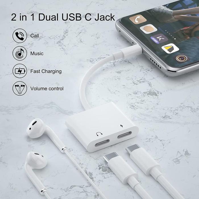 A-One Brand - 2 in 1 USB C till 2 X Type C Hörlursadapter Snabbladdning