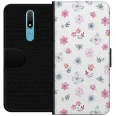Gustaf - Pl&aring;nboksfodral till Nokia 2.4 med Blommor och fj&auml;rillar