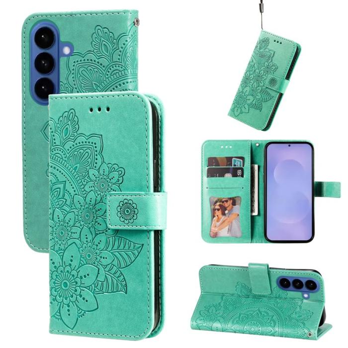 OEM - Samsung Galaxy S26 Plus Plånboksfodral Blommönster Konstläder Ställ - Grön