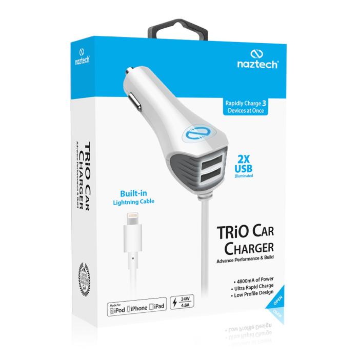 UTGATT5 - Naztech Trio Lightning Billaddare med 2 USB Uttag - Vit