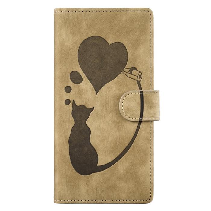 OEM - Mobilskal till Samsung Galaxy A55 5G KonstLäder Heart Cat - Ljusbrun