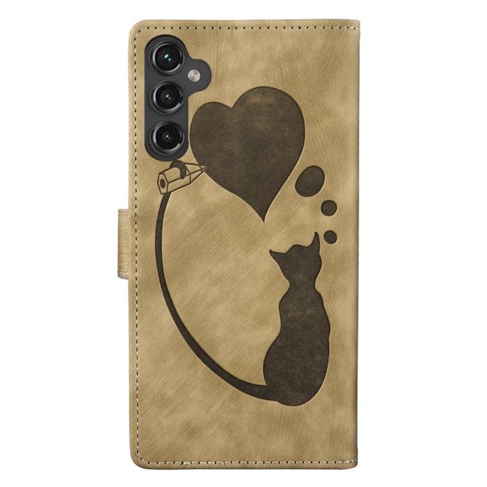 OEM - Mobilskal till Samsung Galaxy A55 5G KonstLäder Heart Cat - Ljusbrun