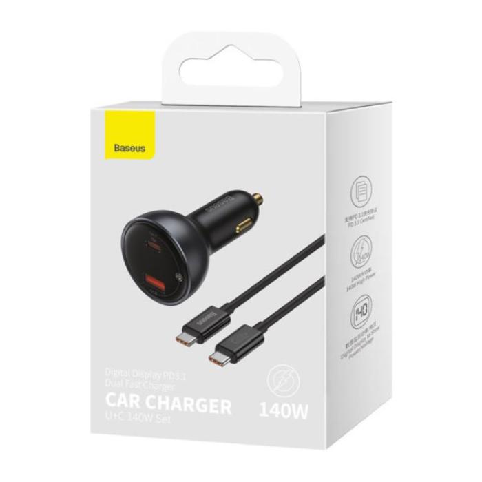 BASEUS - Baseus Billaddare 140W USB Till Typ-C Till USB-C Kabel 1m - Svart