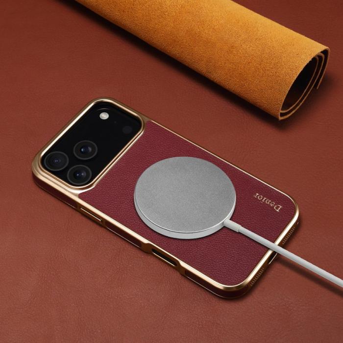 DENIOR - DENIOR Mobilskal till iPhone 17 Pro Äkta Läder PC + TPU Elektropläterad Röd