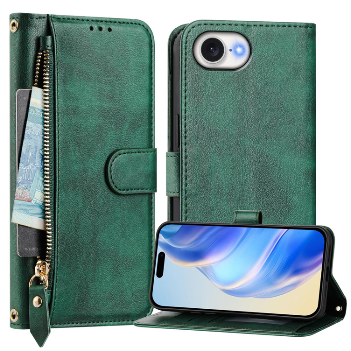 A-One Brand - iPhone 16e Plånboksfodral Zipper Pocket Läder - Grön