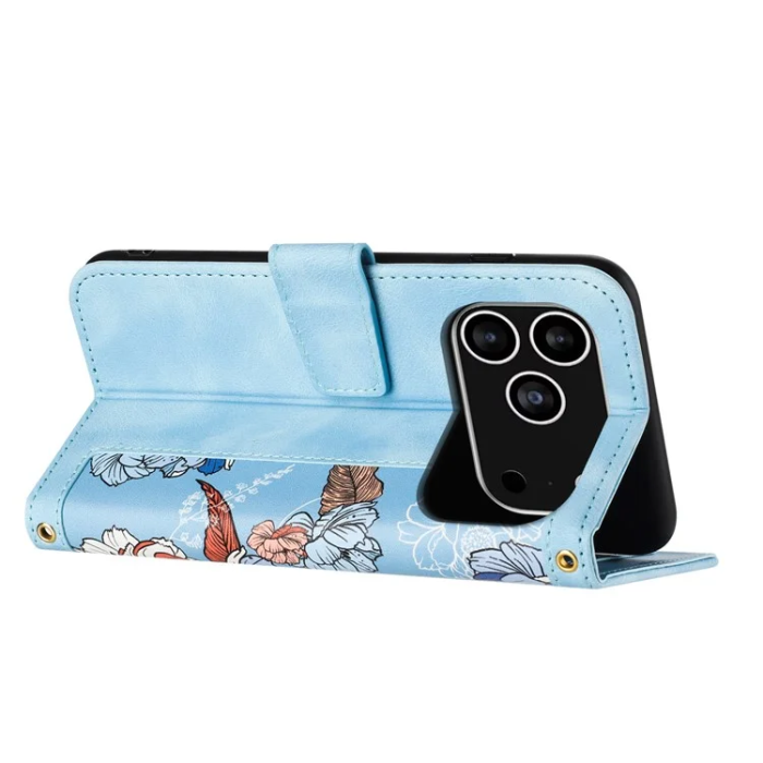 A-One Brand - iPhone 17 Pro Plånboksfodral Floral Konstläder - Ljusblå