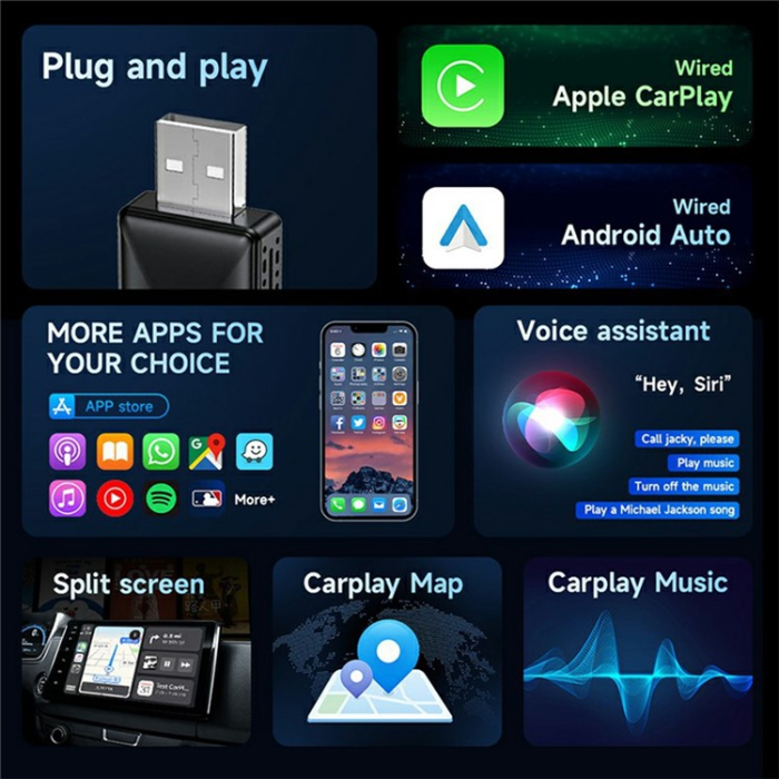 A-One Brand - CarPlay 2in1 Trådbunden Trådlös USB Adapter OTA - Svart