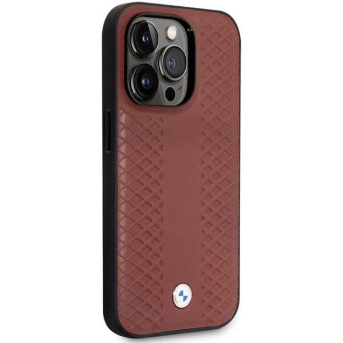 BMW - BMW iPhone 14 Pro Max Mobilskal Läder Diamond Pattern - Burgundy