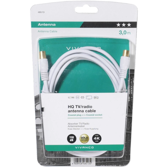 UTGATT1 - Vivanco Antenn Kabel Ferritkärna 110dB 3m - Vit