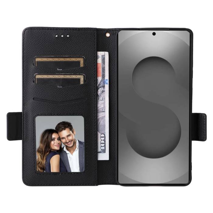 A-One Brand - Galaxy S26 Ultra Plånboksfodral Litchi Läder med Rem - Svart