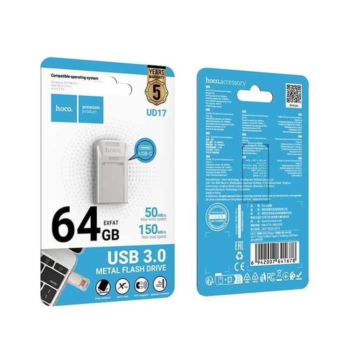 Hoco - Hoco Pendrive 64GB USB-A, USB-C UD17 USB 3.0 - Pärl Nickel