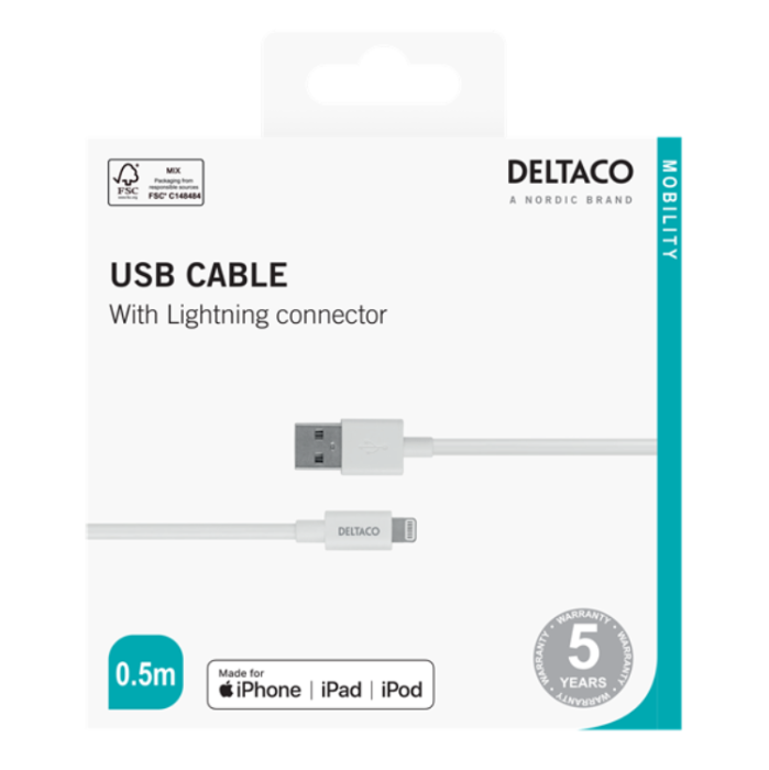 UTGATT1 - Deltaco MFI USB Till Lightning Kabel 0.5 m - Vit
