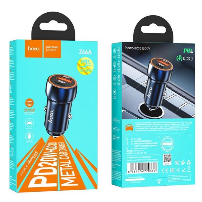 Hoco - Hoco Billaddare 20W USB-A/USB-C Z46A - Safirblå