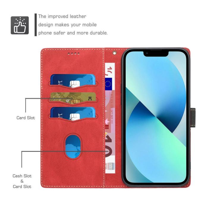 A-One Brand - Splicing Design iPhone 13 Plånboksfodral - Röd