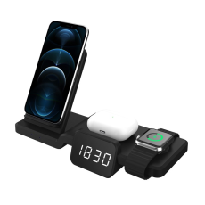 A-One Brand - Trådlös Laddare För iPhone,Apple Watch,Airpods Med Time Display - Svart