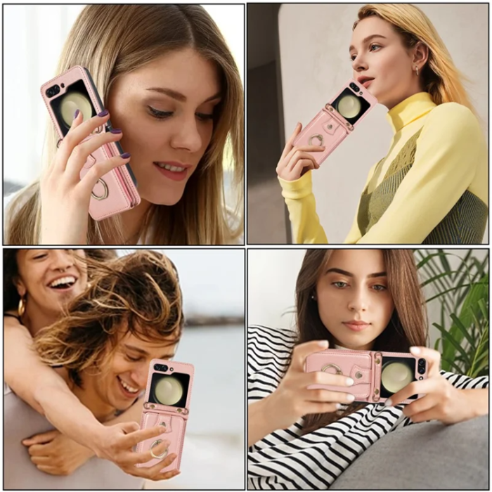 A-One Brand - Galaxy Z Flip7 Plånboksfodral Ring Kickstand med Lång rem - Rosa Guld