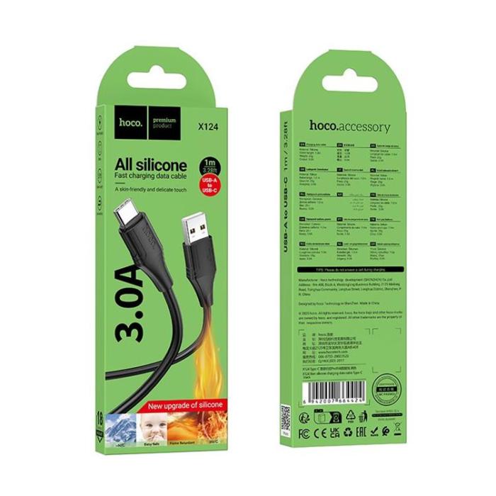 Hoco - HOCO USB-A till USB-C Kabel 3A 1m Silikon X124 - Svart