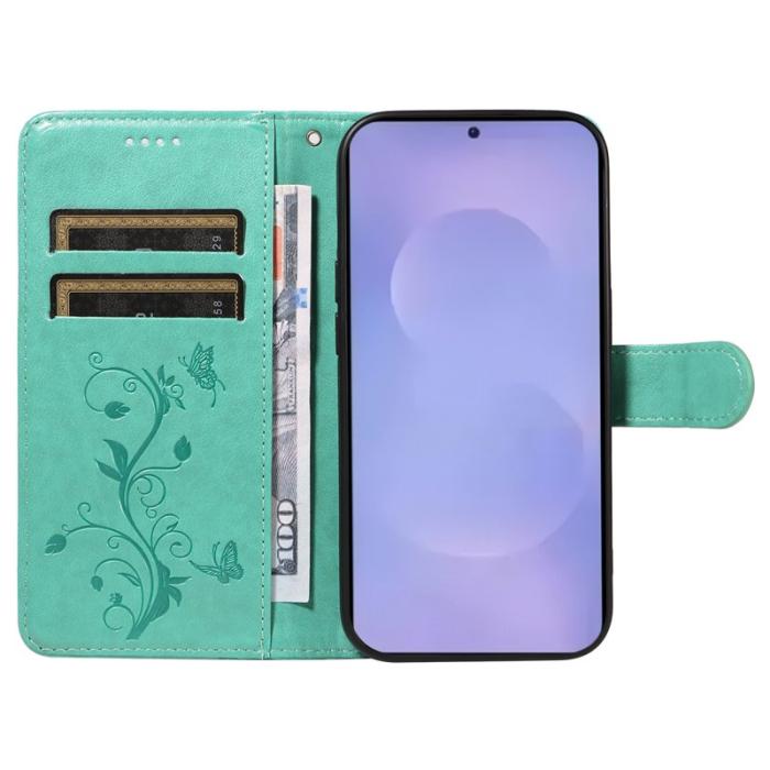 OEM - ABEEL Samsung Galaxy S26 Plus Plånboksfodral Konstläder Blommönster - Grön