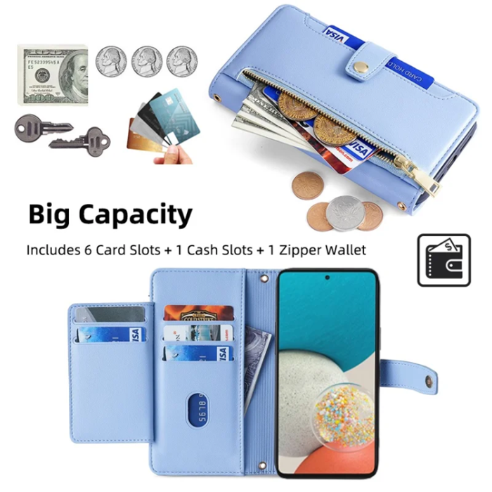 A-One Brand - Galaxy A53 5G Konstläder Plånboksfodral Crossbody Axelrem - Blå
