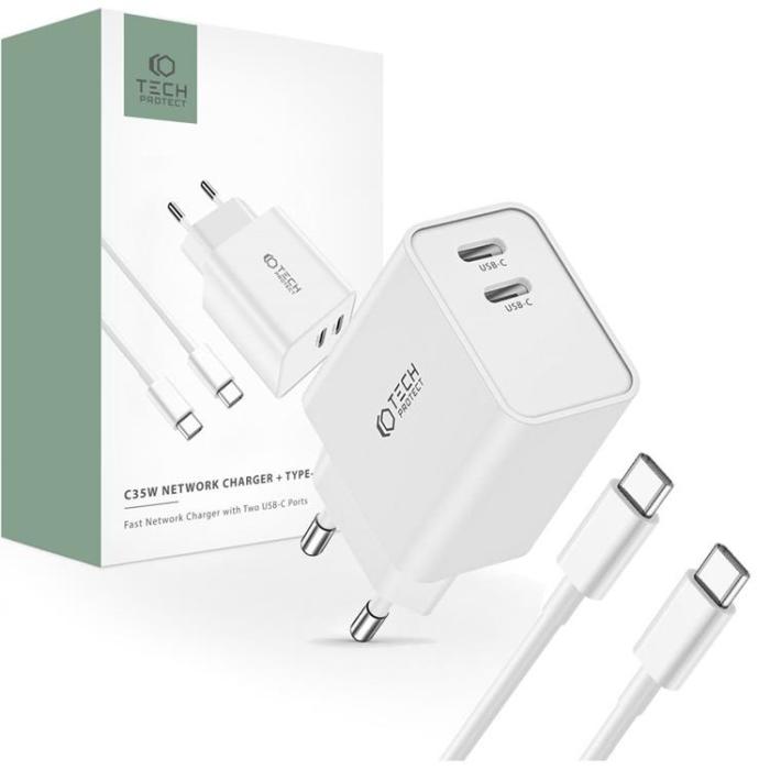 Tech-Protect - Tech-Protect 2-Port Nätverk Laddare Med USB-C Kabel - Vit